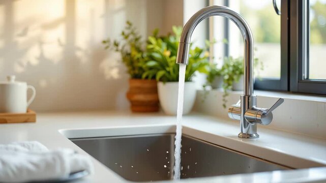 Modern kitchen sink with running water, chrome faucet, white countertop, green plant, sunlight, cozy fresh home atmosphere, inviting and clean space