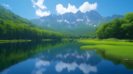 Serene Natural Landscape: Lake Reflects Bright Blue Sky & Fluffy Clouds, Surrounded by Lush Forest, Mountains & Snow