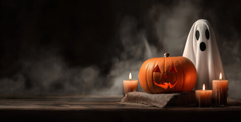 halloween pumpkin with candles and a ghost on a wooden table, spooky halloween festival concept, dark background,