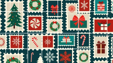 Collection of festive christmas postage stamps featuring holiday symbols like trees, wreaths, gifts, and snowflakes