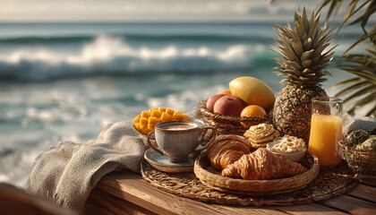 A calming beach breakfast setup, representing the quntessential summer getawayand travel experience