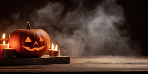 halloween pumpkin with candles and a ghost on a wooden table, spooky halloween festival concept, dark background,