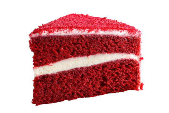 Red velvet cake slice, a triangular piece of rich, dark-red cake, layered with creamy white frosting