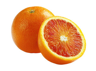 Two blood oranges, one whole and one sliced in half, displayed against a black background.  