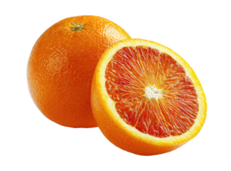 Two blood oranges, one whole and one sliced in half, displayed against a black background.  