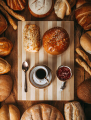 Desayuno con caf&eacute;, panes y mermelada