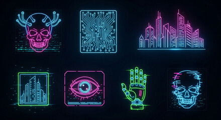 Cyberpunk neon icons set vector illustration including skull city circuit board eye and robotic hand design 100