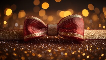 Red and gold glitter bow on sparkling festive background with bokeh lights ribbon image