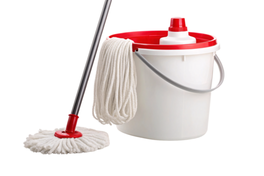 White mop bucket with red trim and cotton mop for floor cleaning, isolated on a transparent background