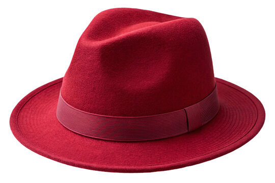 Deep red felt fedora hat with matching grosgrain ribbon band and classic wide brim styling, isolated on a transparent background