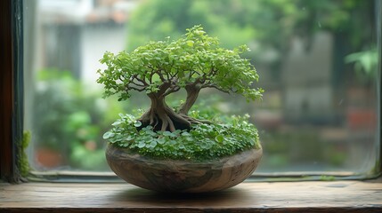 Indoor Close-Up of Lush Bonsai Tree on Wooden Windowsill: Wooden Pot, Mini Greenery, Natural Light & Blurred Garden Background