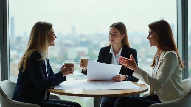 Business ladies talk during break near office windows. Young beautiful women discussing new blueprint while drinking coffee. Panoramic windows view of the city.