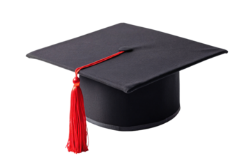 Black graduation cap with red tassel positioned at slight angle on surface, isolated on a transparent background