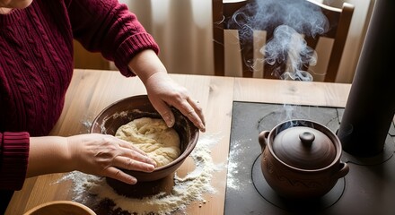 Close-up of Woman Kneading Dough and Cooking in a Clay Pot Over a Wood Stove