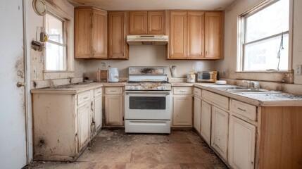 Abandoned and Neglected Kitchen with Dirty Cabinets, Old Appliances, and Grime Accumulation in a Deteriorated Residential Space