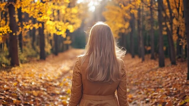A woman walking down a path in a forest in the fall