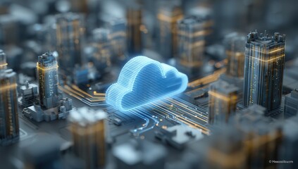 Glowing blue cloud symbol hovering over futuristic city landscape