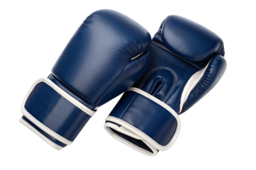 Navy blue boxing gloves with white trim and velcro straps, isolated on a transparent background