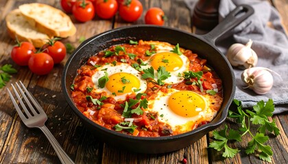 A cast iron skillet filled with three sunny-side-up eggs, nestled in a tomato-based sauce with fresh herbs and vegetables.  Wooden background