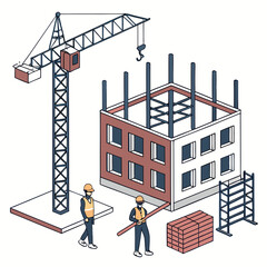 Construction scene with crane and workers building