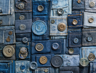Patchwork of denim scraps and buttons