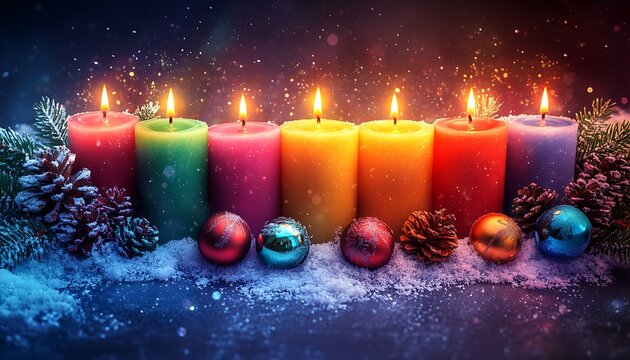Seven colorful lit candles with pine cones and ornaments in snow advent candles christmas