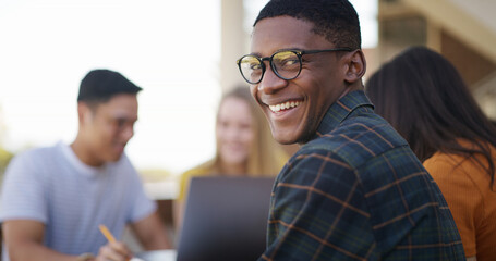 Man, learning and portrait of happy university student for education, knowledge and scholarship. Smile, glasses and person at college campus for development, laugh and study outdoor with friends
