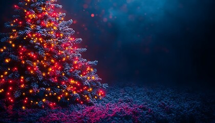 Snowy Christmas tree with red and yellow lights in dark blue night red lights