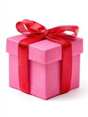 Obraz premium Pink Gift Box with Red Ribbon on White Background