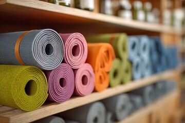 Colorful Yoga Mats Displayed Neatly on Wooden Shelves in Studio