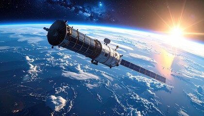 A satellite orbits over Earth, set against a cosmic backdrop of a distant galaxy and a bright sunburst at the planet's edge