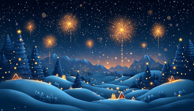Snowy winter landscape with fir trees and fireworks at night image