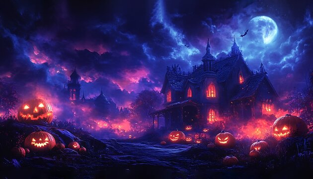 Spooky Halloween haunted house with glowing jack o lanterns under a full moon pumpkin - Powered by Adobe