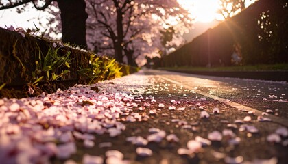 Pathway adorned with delicate pink petals under a sunlit canopy of cherry blossoms
