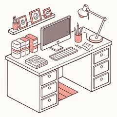 Desk with Computer and Books keyboard monitor