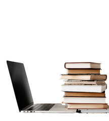 Laptop and stacked books