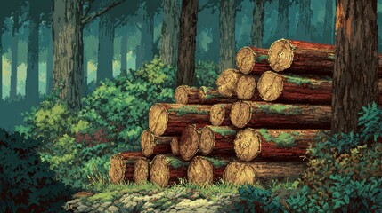 Pixel Art Forest Scene Stack of Logs in Lush Green Woodland