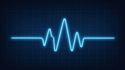 Blue Neon Heartbeat Pulse on Dark Grid Background, Graphic Visualization of Medical Concepts and Vital Signs, Digital Art Illustration of Health