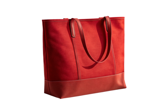 Red canvas tote bag with leather handles and bottom panel for shopping and carrying, isolated on a transparent background