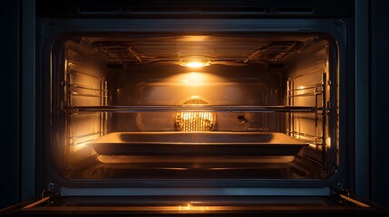 Looking Inside an Electric Oven with the Light on and Tray