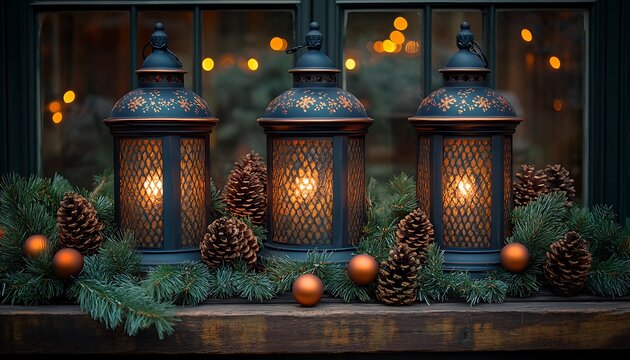Three dark lanterns with glowing lights surrounded by pine branches and pinecones image