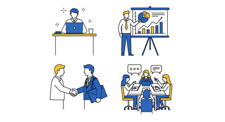 Set of four business concept illustrations depicting office work, data presentation, a handshake agreement, and a team meeting.