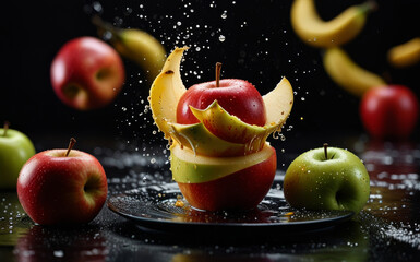 Fresh Red Apple with Green Leaves Getting Washed by Clean Water