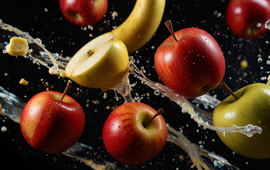 Fresh Red Apple with Green Leaves Getting Washed by Clean Water