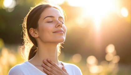 Serene woman bathed in sunlight, eyes closed, hand on her throat, in a natural setting, soft focus, golden light, with a tranquil expression