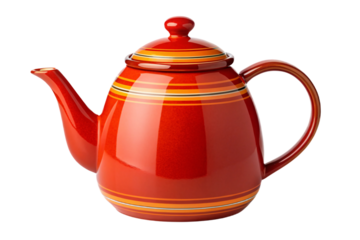 Glossy red ceramic teapot with colorful striped pattern, featuring traditional shape and curved handle, isolated on a transparent background