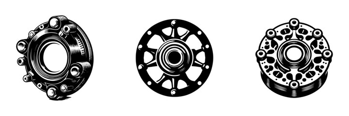 Obraz premium Modern Minimalist Quick Release Hub Icon, Flat Silhouette of a Bicycle Wheel Center Component Vector for Cycling Illustration Design