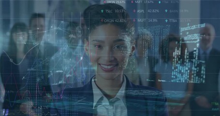 Stock market and statistical data processing against portrait of businesspeople smiling at office - Powered by Adobe