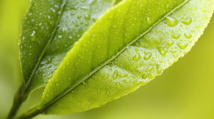 Close-up of fresh tea leaves with morning dewdrops, showcasing natural botanical details.