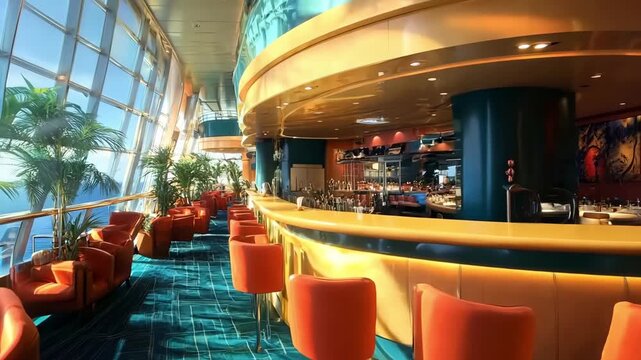 A bar area with orange chairs and a bar counter